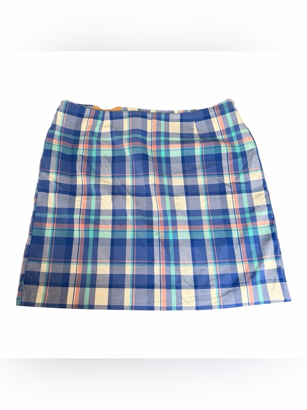 NEW L.L.Bean Favorite Fit Plaid Woven Cotton Straight Short Skirt Blue 14 Petite